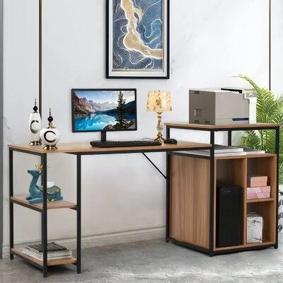 Computer Desk with Printer Stand, Shelf, Large Desk with Bookshelf 47in Desktop Latitude Run Color: Brown