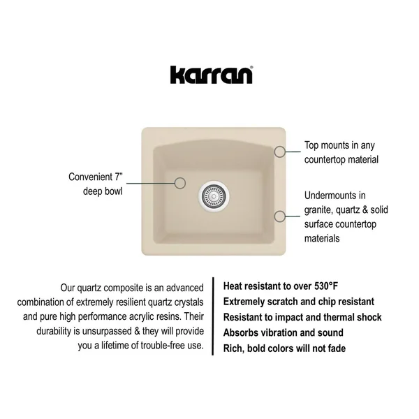 Karran Drop-In or Undermount Quartz Single Bowl Kitchen Sink - White