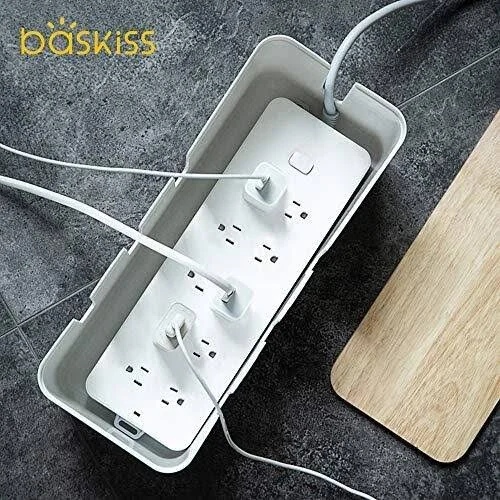 Cable Management Box by Baskiss - 12x5x4.5 Inches, Wood Lid, Cord Organizer for Desk TV Computer USB Hub System to Cover and Hide