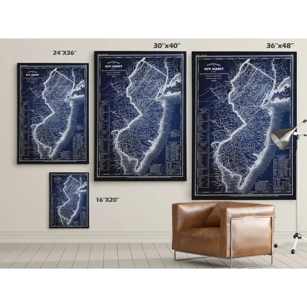 Wexford Home &Vintage Map New Jersey Blue& Graphic Art Print on Wrapped Canvas, White
