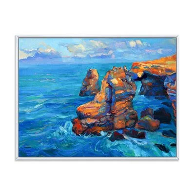 Cliffs by The Blue Ocean - Painting on Canvas East Urban Home Format: White Floater Frame, Size: 16x22 H x 32x22 W x 1x22 D