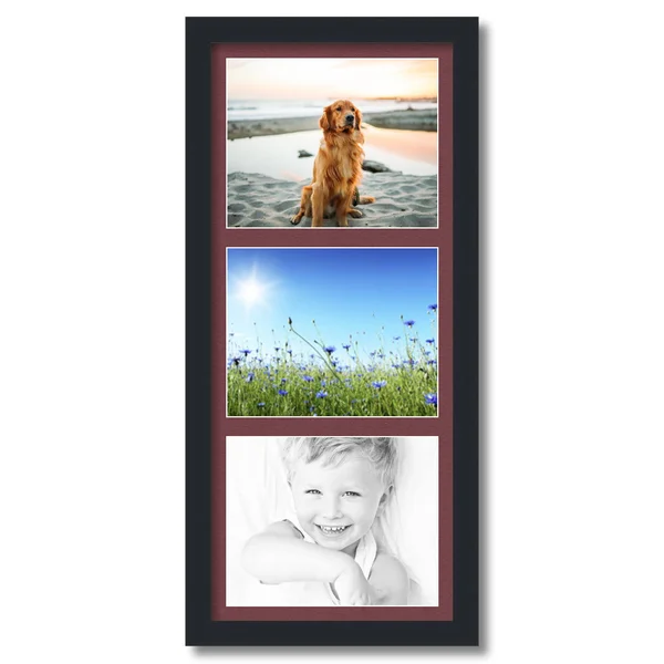 Collage Picture Frame - Satin Black Frame with 3 openings for 8x10 Photos with Red Maple Leaf Mat. D3926CV2156, ArtToFrames