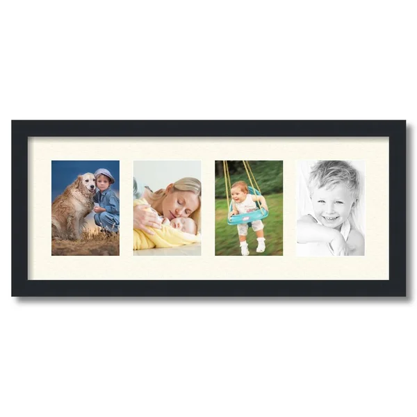 Collage Picture Frame, Satin Black Frame with 4 openings for 5x7 Photos with Ivory Off White Mat. D3926FZ15, ArtToFrames