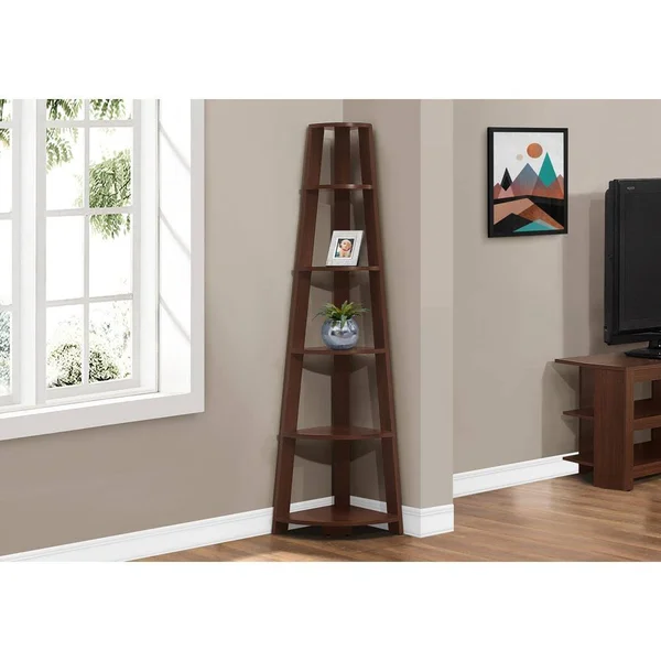 Monarch Specialties 71.25 in. Cappuccino Faux Wood 5-Shelf Standard Corner Bookcase with Open Storage