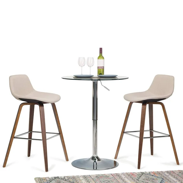 Simpli Home Randolph Bentwood Counter Height Stool, Set of 2, Natural Linen Look Fabric