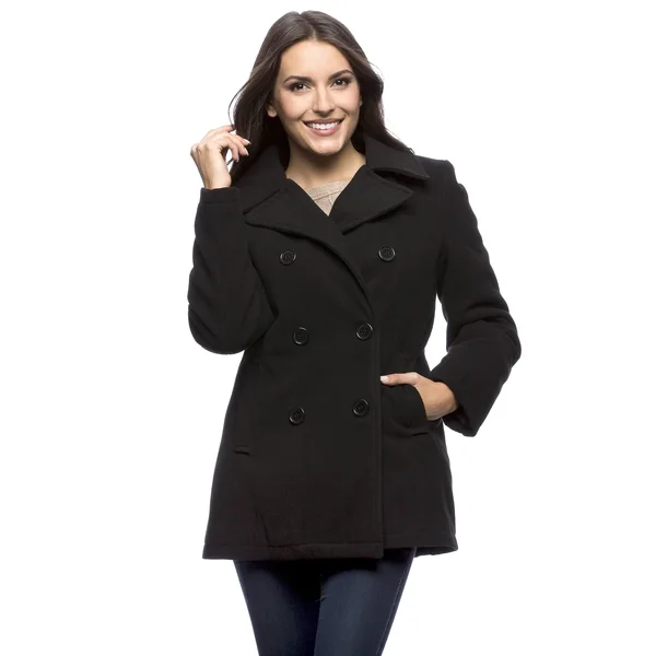 Excelled F2E4104RL Ladies Faux Wool Double Breasted Peacoat, Charcoal - Small