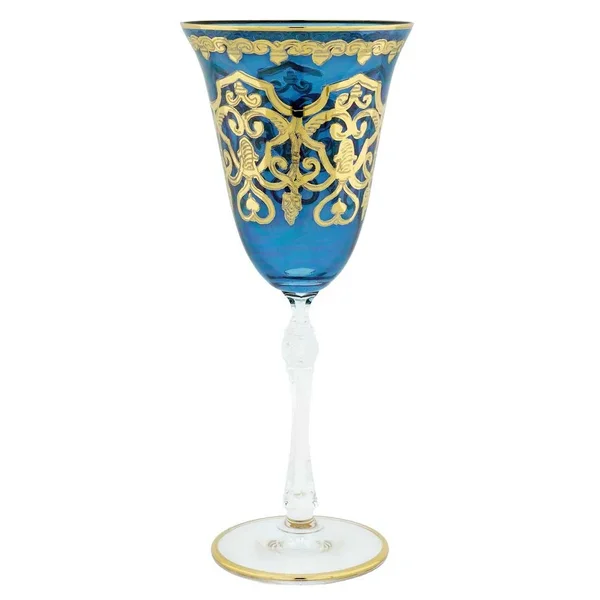 Set of Two Murano Glass Wine Glasses 24K Gold Leaf - Blue