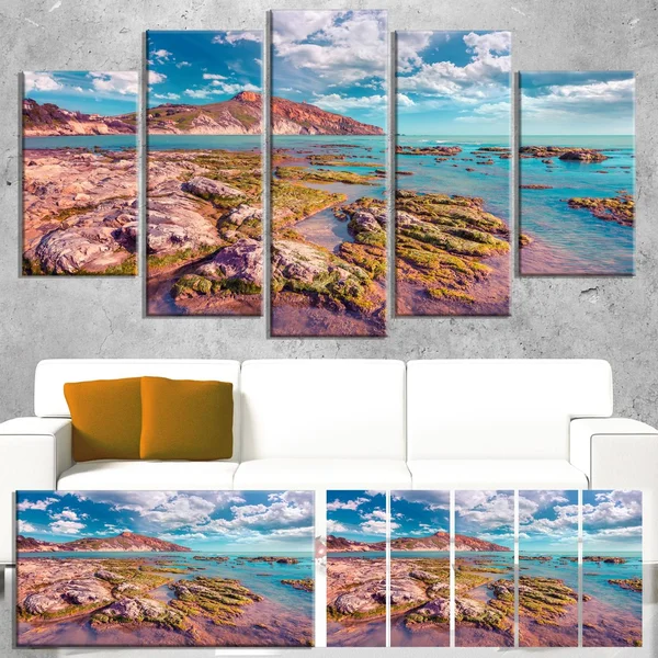 Design Art 'Morning on The Giallonardo Beach' Photographic Print on Wrapped Canvas - Size: 28 inch x 60 inch, Blue