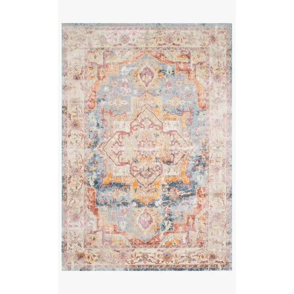 Alexander Home Jennifer Collection Bohemian Medallion Distressed Area Rug - 3&6x22 x 5&9x22 - Sunset/ Ivory