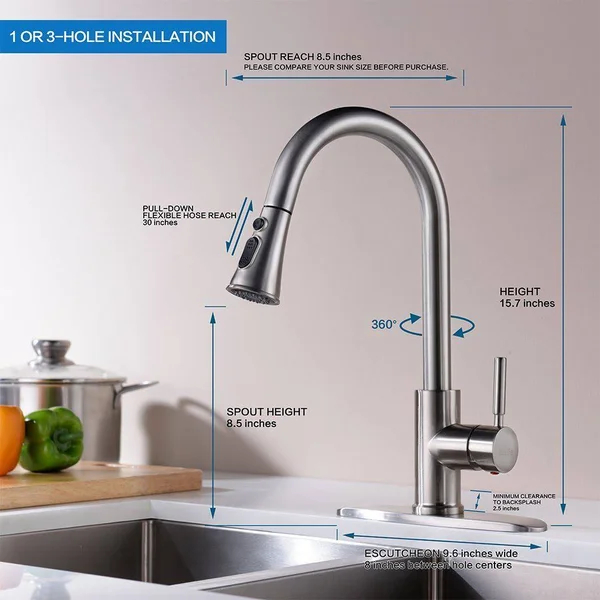 Kitchen Faucets with Pull Down Sprayer - Kablle Commercial Single Handle Brushed Nickel Kitchen Faucet, Single Level High Arch P
