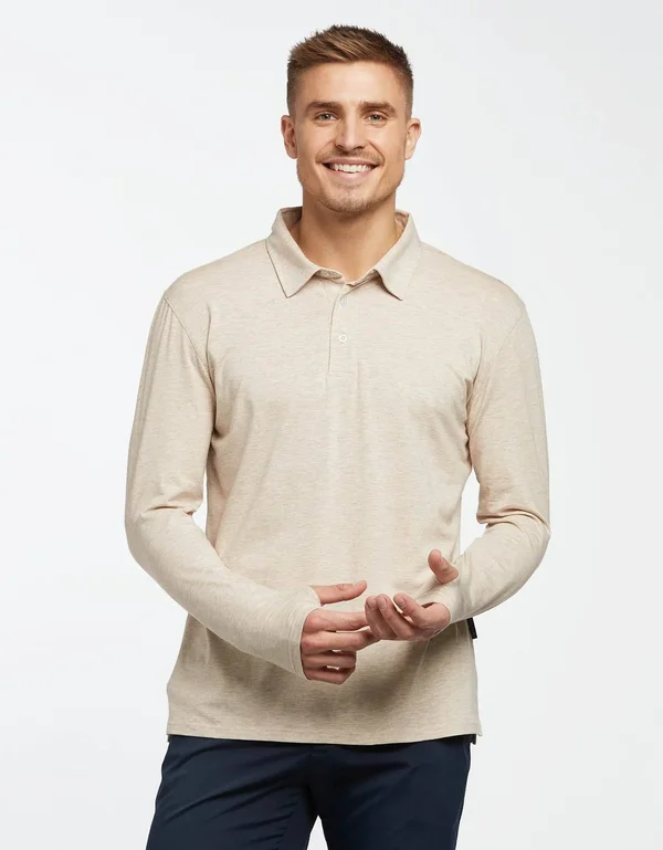 Sun Protective Long Sleeve Polo Shirt for Men UPF50+, UV Protection Light Grey Marle