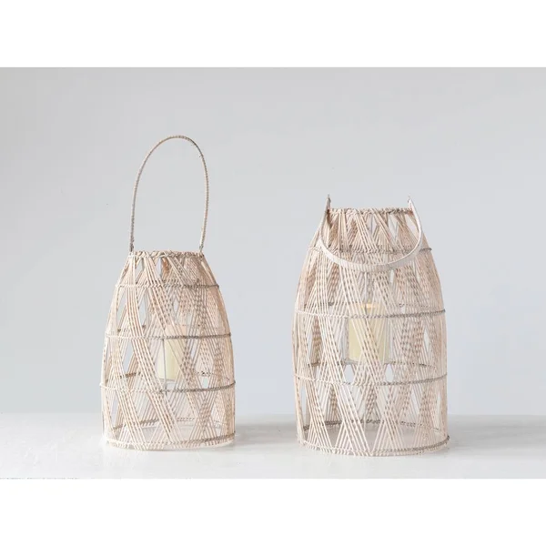 3R Studios Woven Bamboo Lantern with Glass Insert and Handle - Set of 2