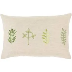 13x22 x 20x22 Beige and Green Leaf Embroidered Throw Pillow Cover with Knife Edge - Down Filled