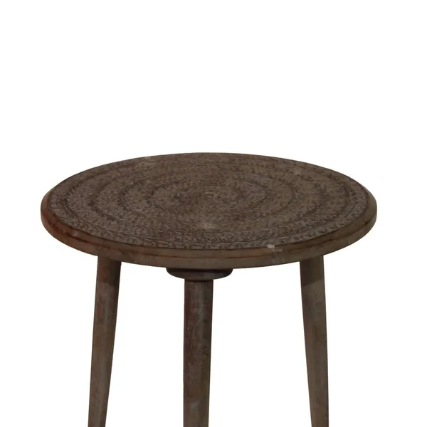 Traditional Round Top Wooden Accent Table with Leaf Engraving, Brown