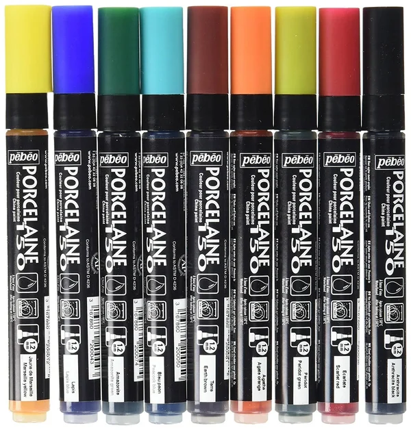 Pebeo Porcelaine 150, Assorted China Paint Bullet Tip Markers, 9-Pack