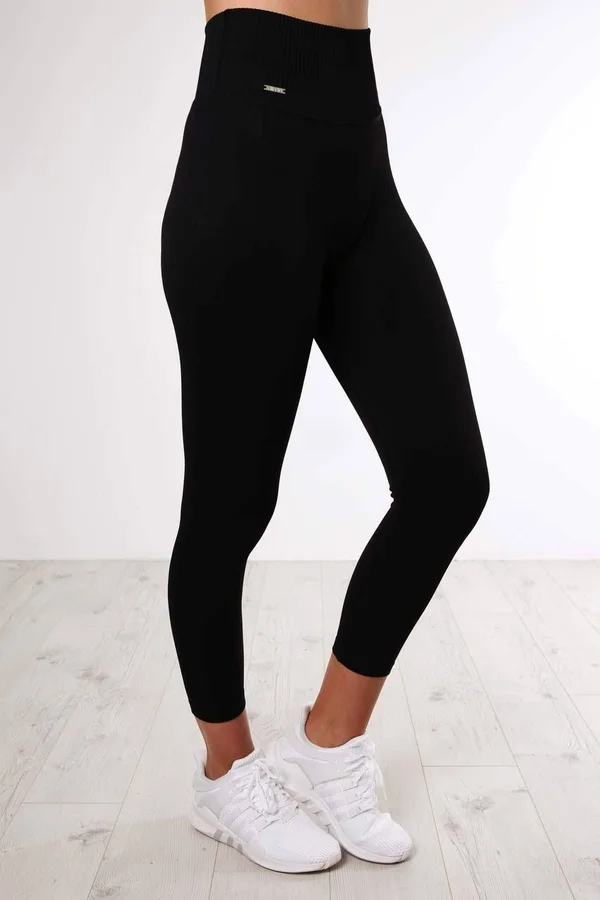Black Ribbed Seamless Tights 7/8 - M, Black