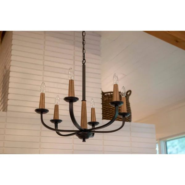 Decor Therapy Rotterdam 6-Light Black Metal and Wood Effect Pendant - 23.82 x 23.82 x 21.57 in