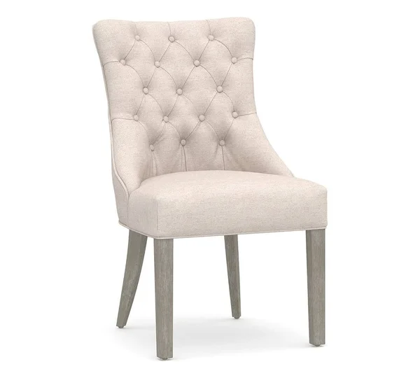 Hayes Upholstered Tufted Dining Side Chair, Gray Wash Frame, Performance Heathered Tweed Ivory