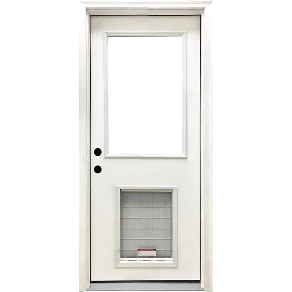Steves & Sons 36 in. x 80 in. Classic Clear Half Lite RHIS White Primed Fiberglass Prehung Back Door with SL Pet Door
