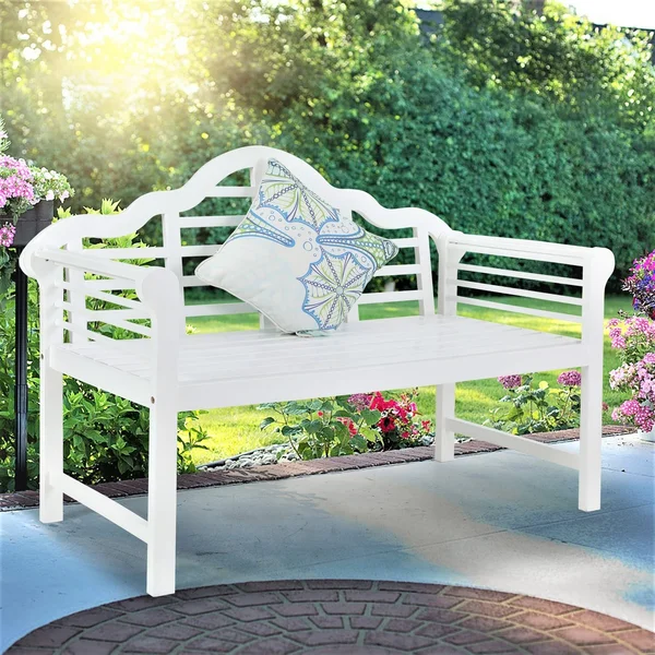 Phi Villa Patio Acacia Wood Bench with Backrest and Armrests - White