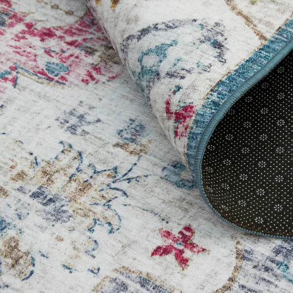 Machine Washable - Vintage Distressed Bohemian - Light Blue - 4& x 6& - 4& x 6& (Blue, Pink, Ivory)