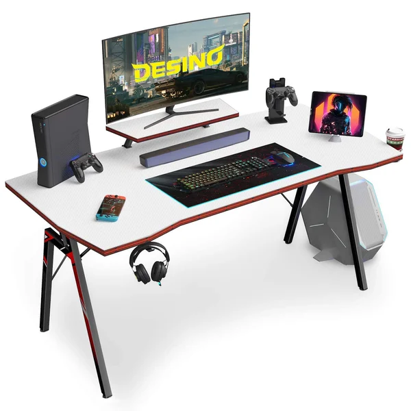 Desino Gaming Desk 47 inch PC Computer Desk - Home Office Desk Table Gamer Workstation with Cup Holder and Headphone Hook, White