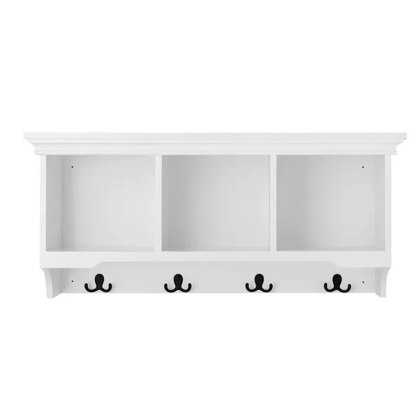 StyleWell 16.14 in. H x 36 in. W x 11 in. D White Wood Floating Decorative Cubby Wall Shelf with Hooks