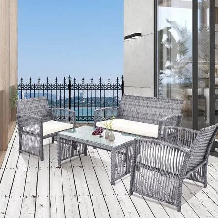 4 Pieces Outdoor Furniture Rattan Chair & Table Patio Set Outdoor Sofa for Garden - Backyard, Porch and Poolside, Gray
