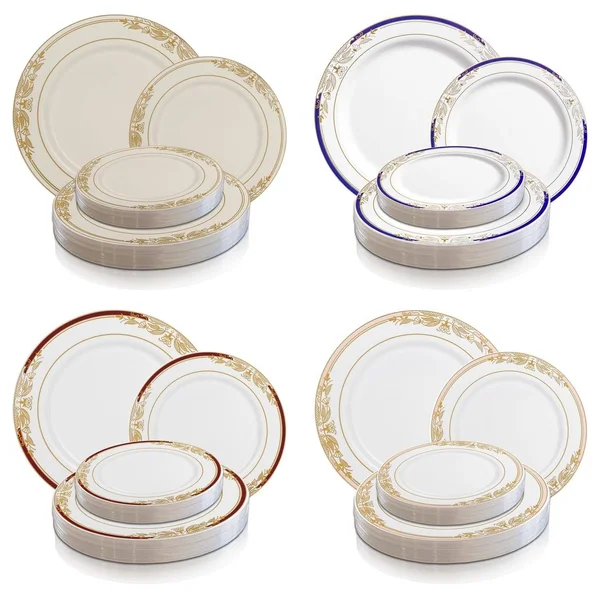 120 Plates, 10.25x22 White with Pink and Gold Harmony Rim Plastic Dinner Plates