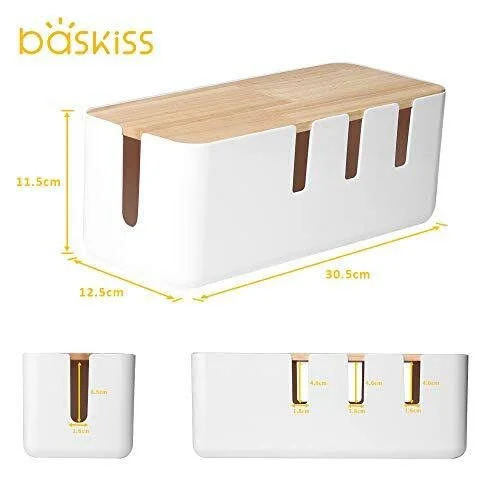 Cable Management Box by Baskiss - 12x5x4.5 Inches, Wood Lid, Cord Organizer for Desk TV Computer USB Hub System to Cover and Hide
