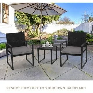Suncrown Outdoor 3-Piece Wicker Bistro Set w/ Metal Armrest (Grey) - Black(Iron)