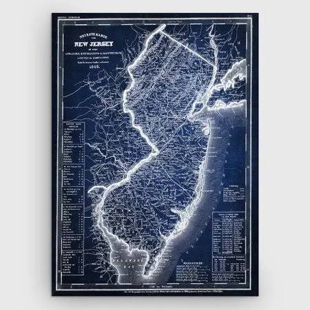 Wexford Home &Vintage Map New Jersey Blue& Graphic Art Print on Wrapped Canvas, White