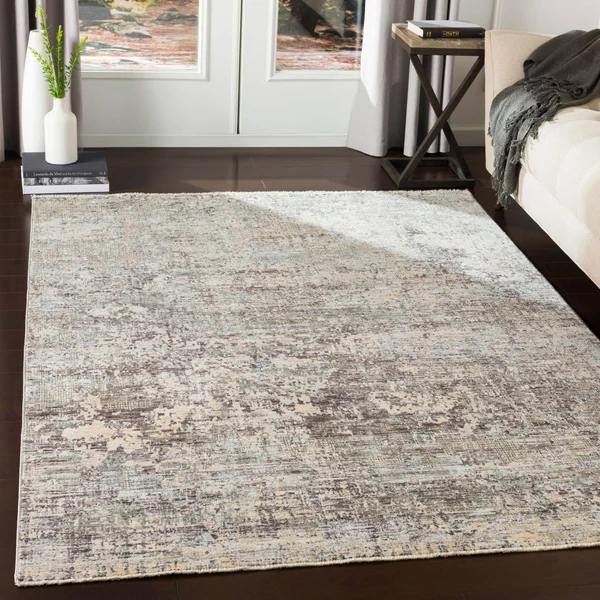 5' x 8.1' Distressed Finish Ivory and Cloud Gray Rectangular Area Throw Rug