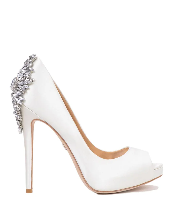 Badgley Mischka Kiara Jeweled Heel Platform Peep Toe Pumps - White