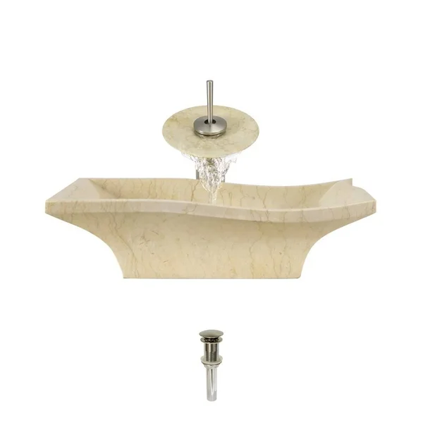Mr Direct 859 Egyptian Yellow Marble Vessel Sink Ensemble with Brushed Nickel Finish Waterfall Faucet - Pop-Up Drain, and Sink Ri