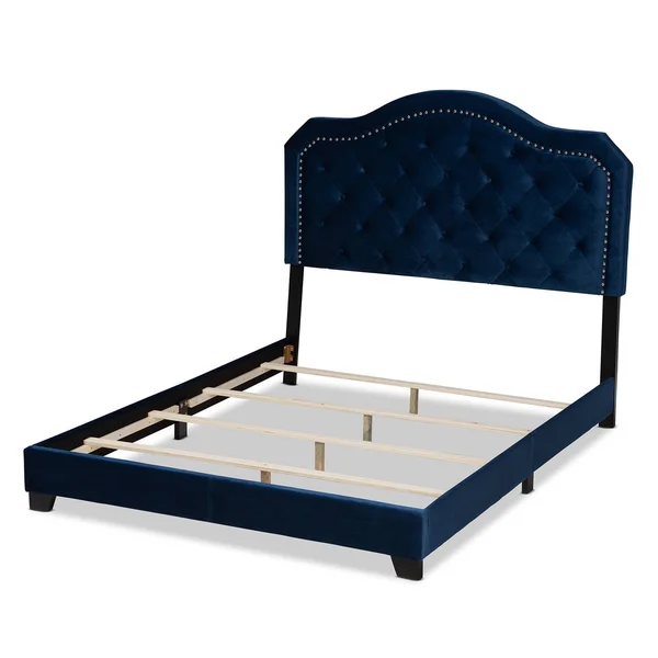 Baxton Studio Samantha Queen Size Navy Blue Velvet Upholstered Button Tufted Bed