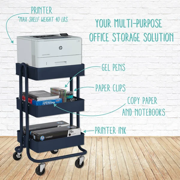 Ecr4kids 3-Tier Utility Rolling Cart - Navy