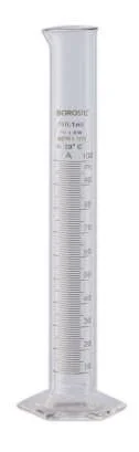 Borosil Class B TC Graduated Measuring Cylinder with Pour Spout - Hexagonal Base, and Permanent Amber Graduations, Individual Cer