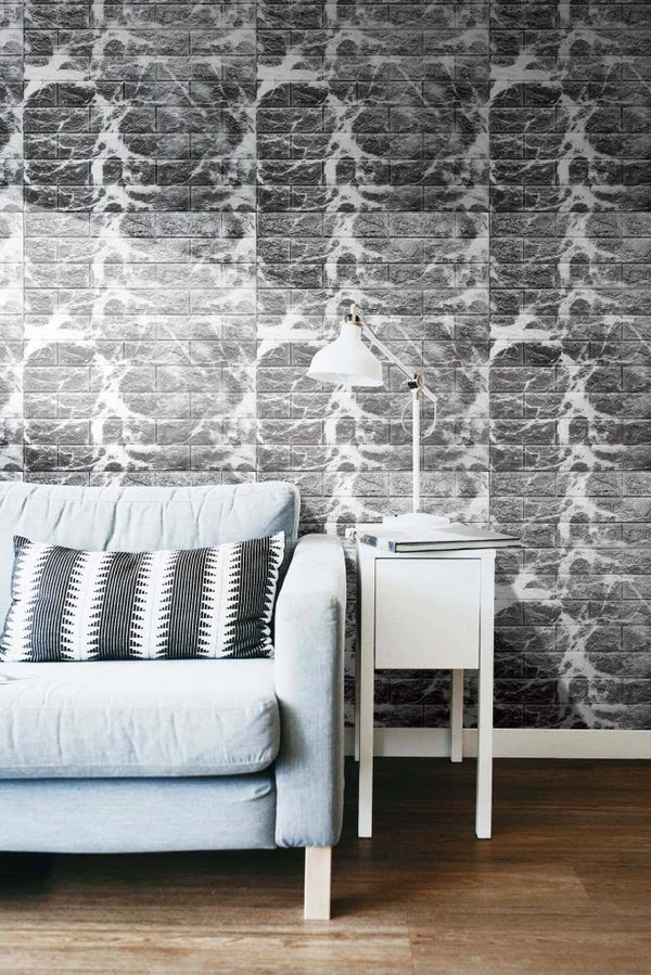 Dundee Deco Falkirk Jura II 28 in. x 30 in. Peel & Stick Grey Offwhite Faux Marble Bricks PE Foam Decorative Wall Paneling (