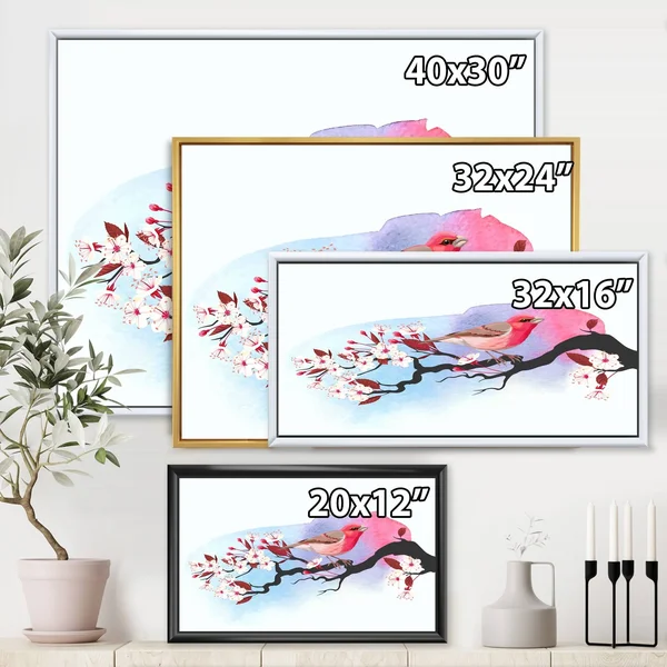 Designart 'Pink Bird on Cherry Branch' Traditional Framed Canvas Wall Art Print - 20 in. Wide x 12 in. High - White