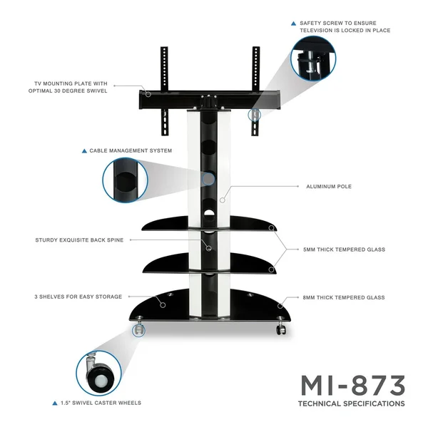 Mount-It! Mobile TV Cart with Curved 3-Tiered Glass Shelving Furniture and TV Mount (MI-873)