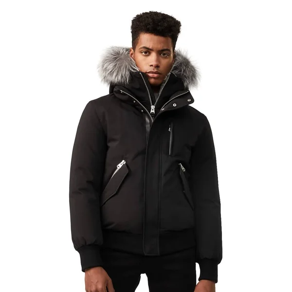 Mackage Dixon Down Bomber with Removable Hooded Bib & Silverfox Fur in Black-Silver - Men - 48