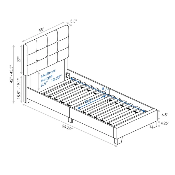 Furinno Laval Double Row Nail Head Bed Frame - 12pc Slat Style, Stone, Twin