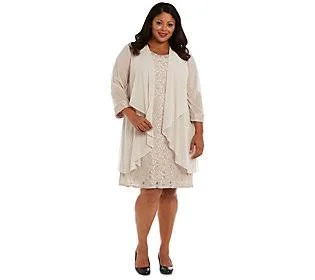 R & M Richards Plus Size Lace Dress & Jacket - Champagne