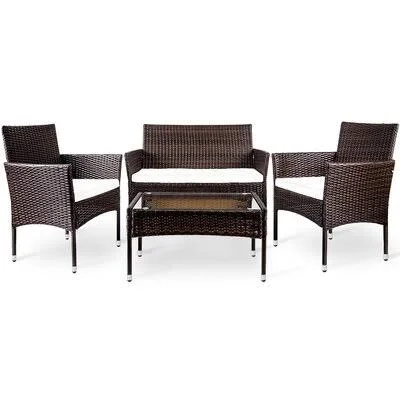 4 Pieces Outdoor Rattan Patio Set for all-weather - Cushioned SEATS (Brown) Winston Porter
