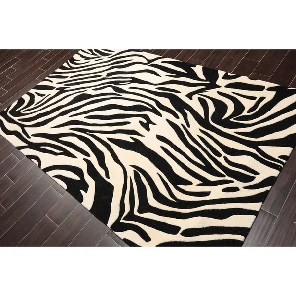 5x8 Hand Tufted Hand Made 100% Wool Animal Print Modern & Contemporary Oriental Area Rug Black, White Color - 5& x 7& 11&&