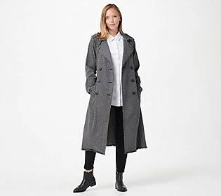 Laurie Felt Classic Denim Houndstooth Trench Coat - Size Large, CharcGryHndstth