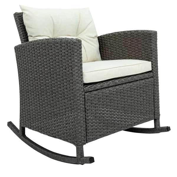 3 Piece Rocking Patio Furniture Set - Brown Rattan and Beige Cushion