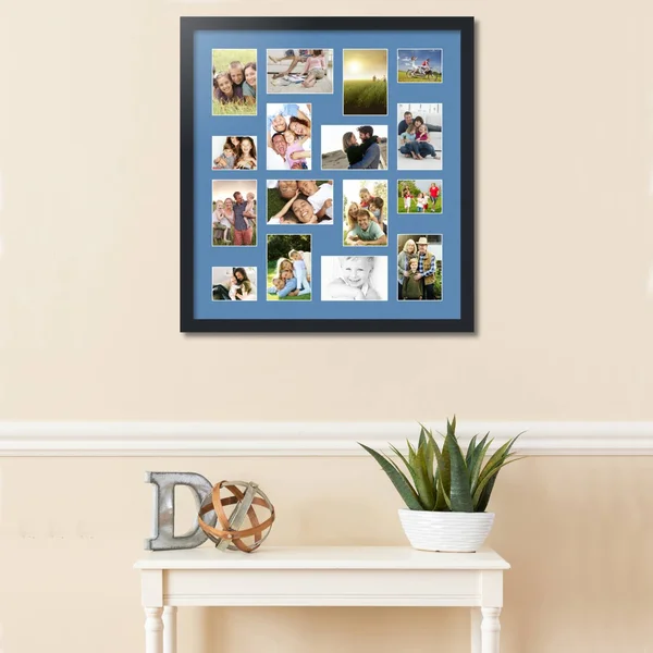 Collage Picture Frame, Satin Black Frame with 16 openings for 4x6 Photos with Liberty Blue Mat. D3926FG187, ArtToFrames