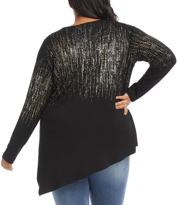 Karen Kane Plus Women's Printed Asymmetric Hem Top - Black - Size 2x